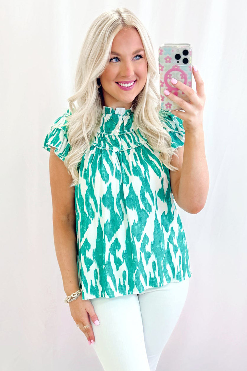 Sky Blue Abstract Print Frilled Crewneck Loose Fit Blouse-Tops/Blouses & Shirts-[Adult]-[Female]-2022 Online Blue Zone Planet