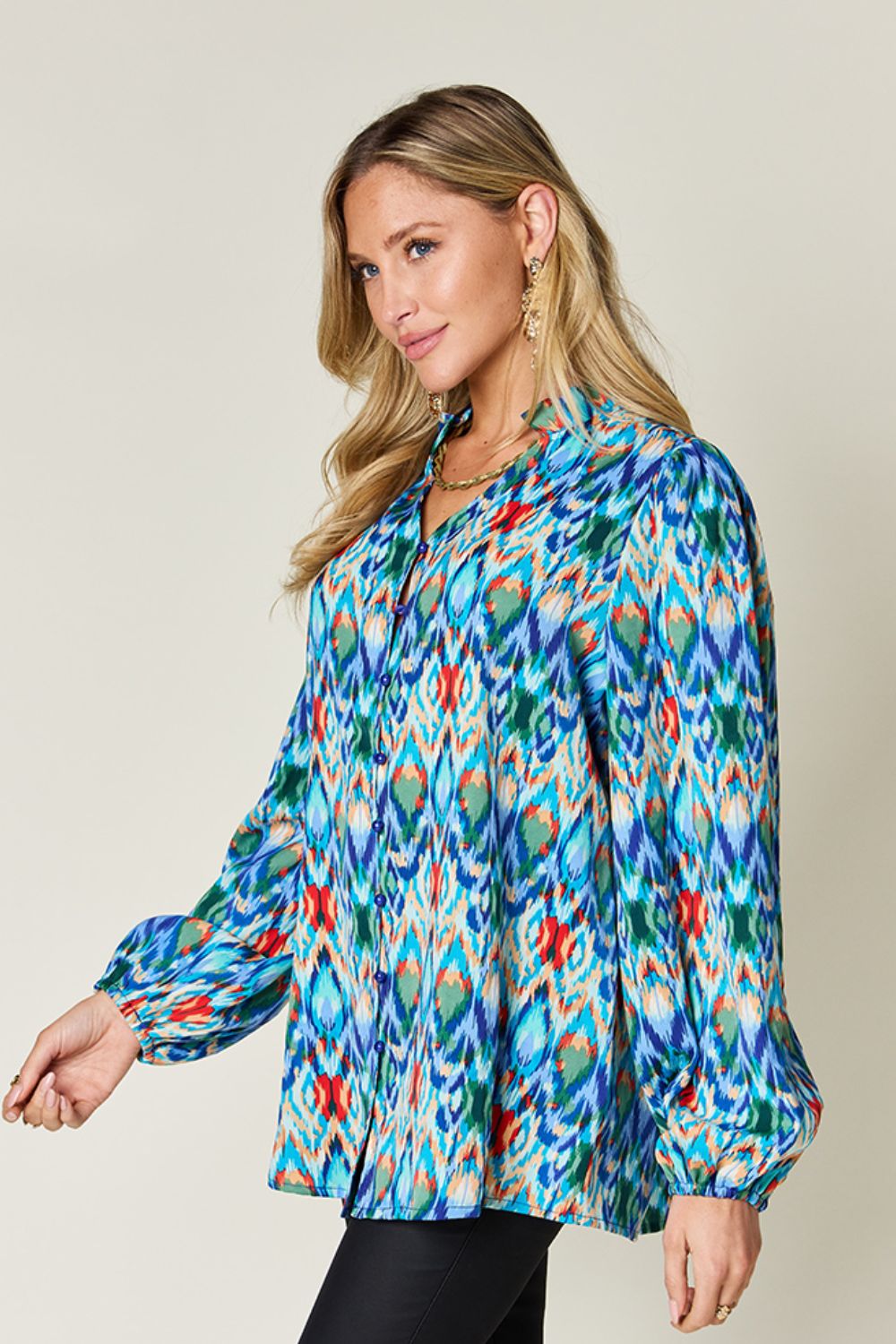 Blue Zone Planet | Double Take Full Size Printed Balloon Sleeve Blouse-TOPS / DRESSES-[Adult]-[Female]-2022 Online Blue Zone Planet