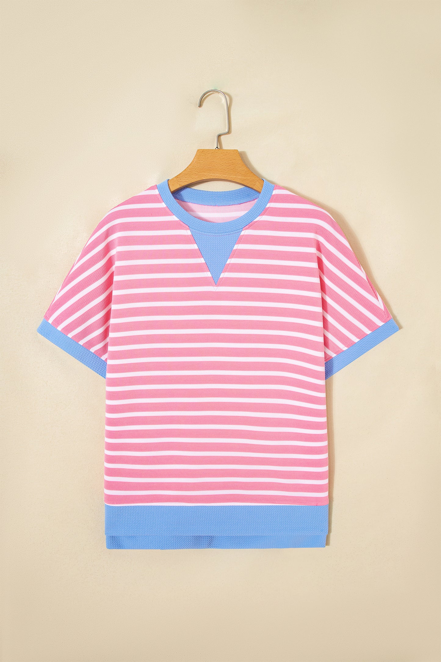 Pink Stripe Contrast Trim Loose Short Sleeve Top-Tops/Tops & Tees-[Adult]-[Female]-2022 Online Blue Zone Planet
