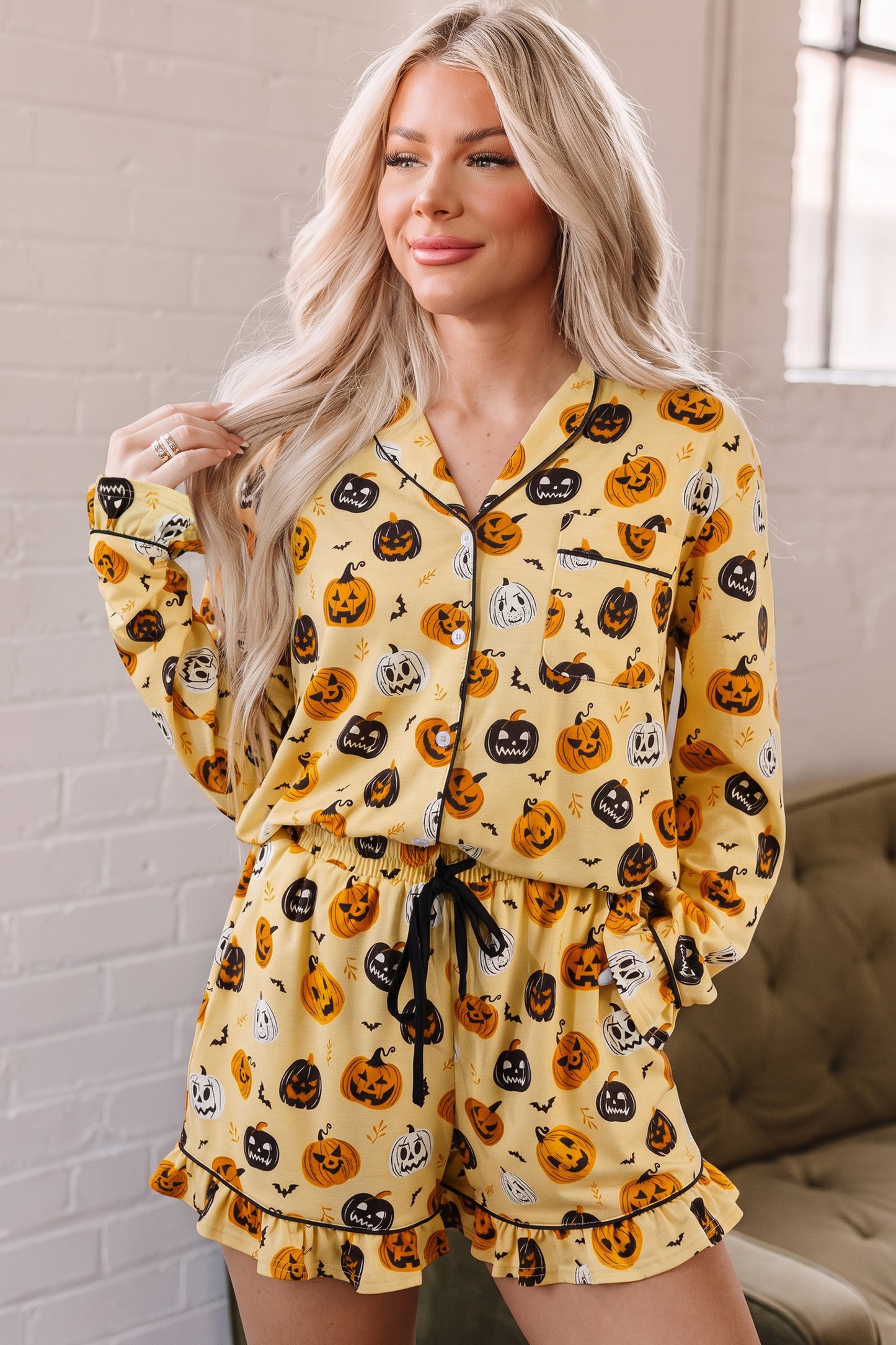 Orange Long Sleeve Ruffle Pumpkin Face Print Two Piece Lounge Set-Loungewear & Sleepwear/Loungewear-[Adult]-[Female]-2022 Online Blue Zone Planet