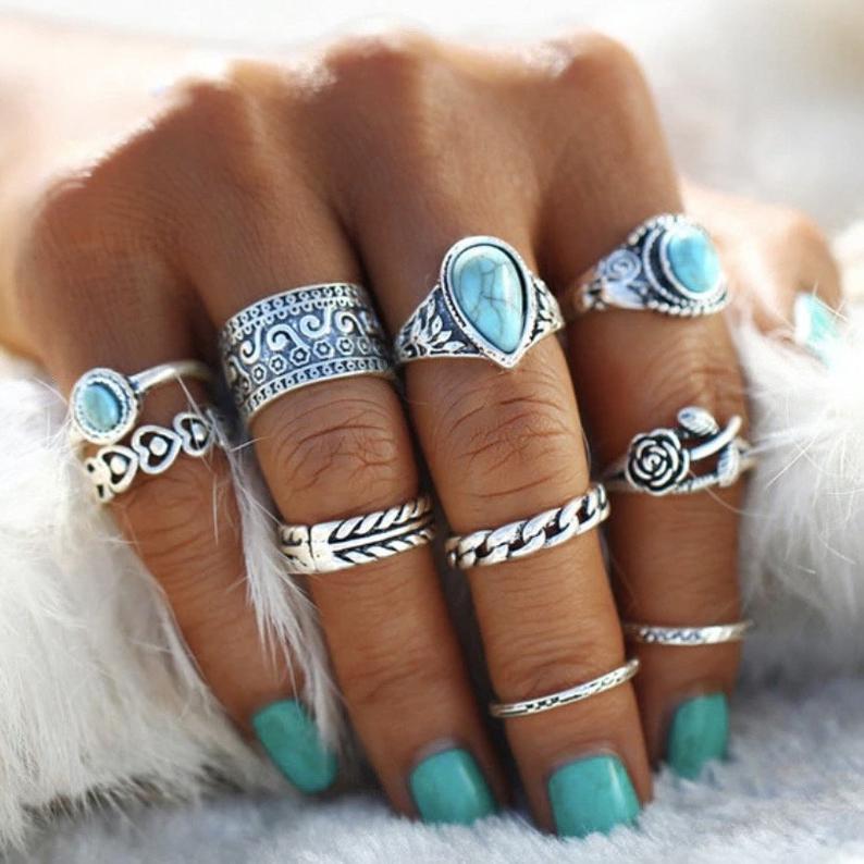 Artificial Turquoise Alloy Ring 10-Piece Set-RINGS-[Adult]-[Female]-Silver-One Size-2022 Online Blue Zone Planet