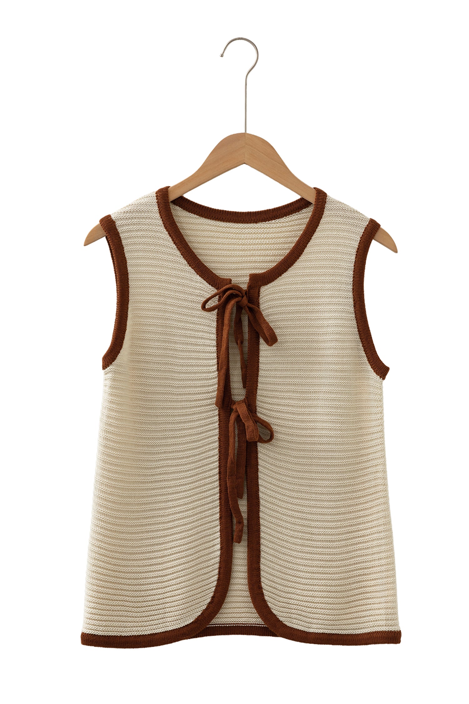 White Horizontal Ribbed Knit Contrast Trim Ties Front Sweater Vest-TOPS / DRESSES-[Adult]-[Female]-2022 Online Blue Zone Planet