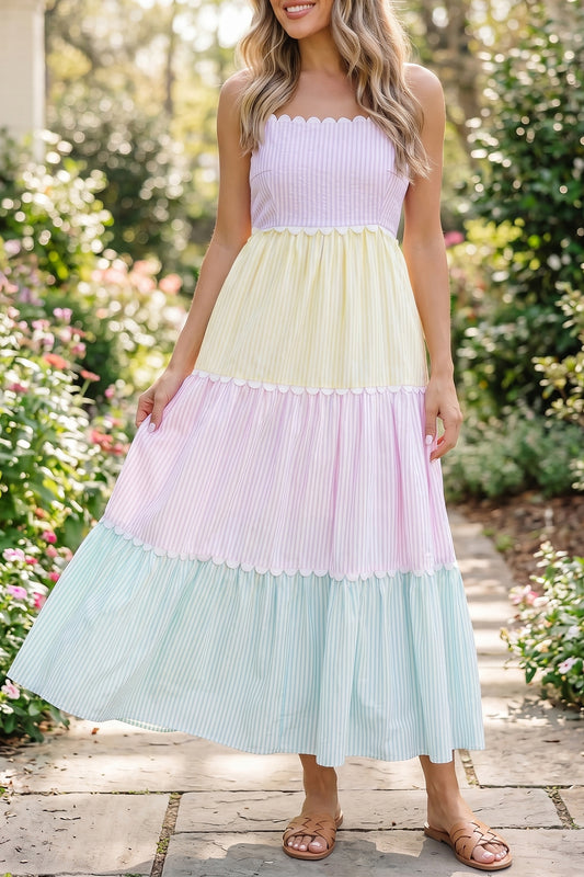 Multicolour Striped Colorblock Adjustable Strap Scalloped Detail Long Dress-TOPS / DRESSES-[Adult]-[Female]-2022 Online Blue Zone Planet