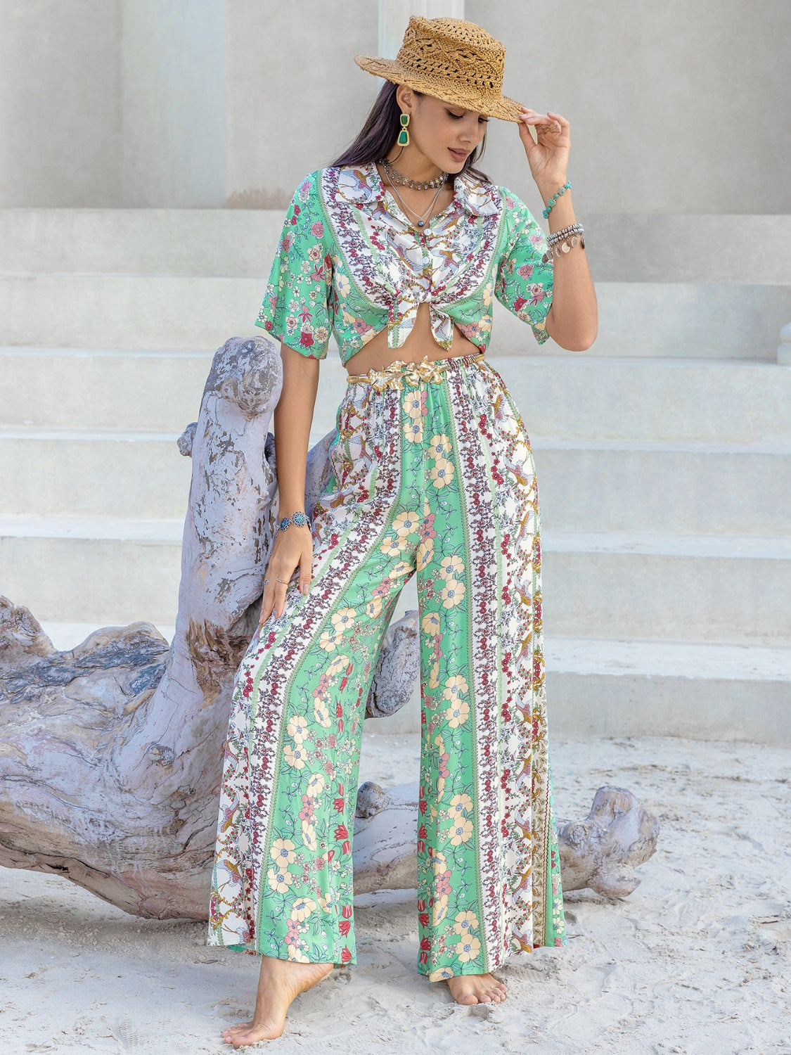 Printed Half Sleeve Top and Wide Leg Pants Set-TOPS / DRESSES-[Adult]-[Female]-2022 Online Blue Zone Planet