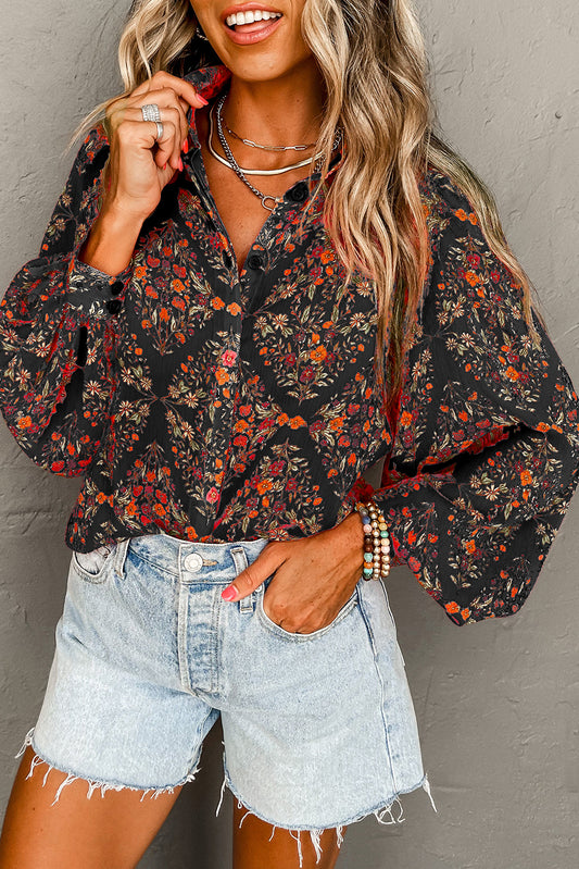 Black Strawberry Aesthetic Floral Puff Sleeve Shirt-Tops/Blouses & Shirts-[Adult]-[Female]-Black-XS-2022 Online Blue Zone Planet