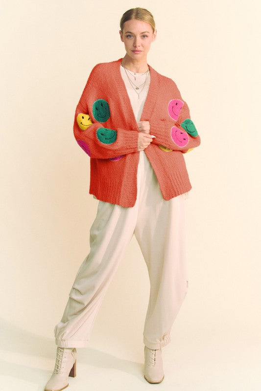 Davi & Dani Fuzzy Smile Open Front Long Sleeve Cardigan-TOPS / DRESSES-[Adult]-[Female]-2022 Online Blue Zone Planet