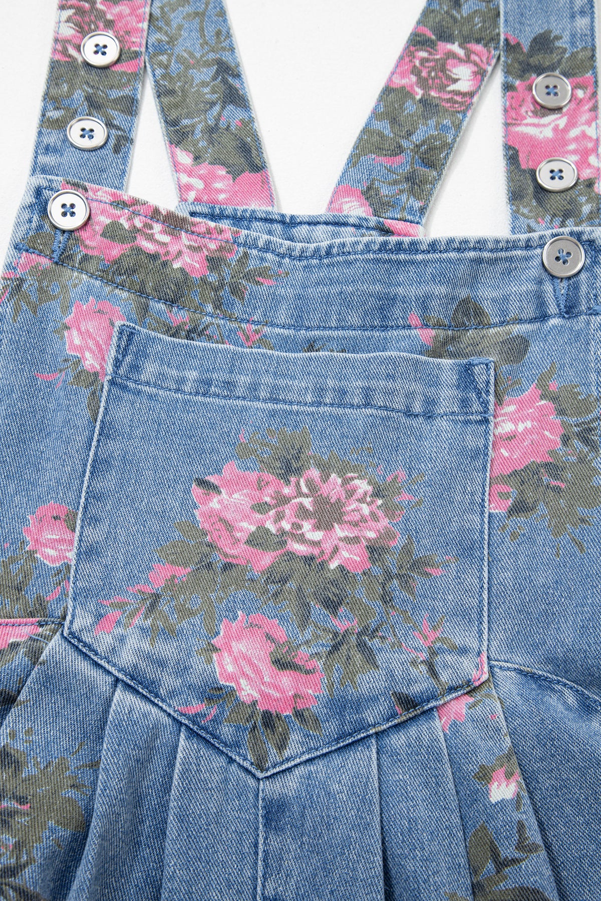 Myosotis Floral Print Denim Shortalls-Bottoms/Jumpsuits & Rompers-[Adult]-[Female]-2022 Online Blue Zone Planet