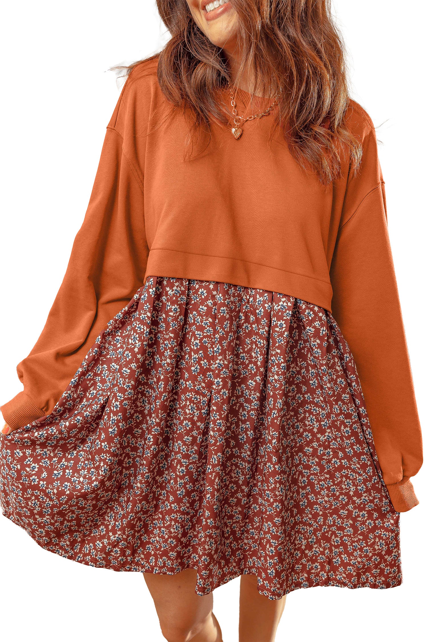 Orange Solid Long Sleeve Top Patchwork Floral Flared 2-in-1 Mini Dress-Dresses/Mini Dresses-[Adult]-[Female]-2022 Online Blue Zone Planet