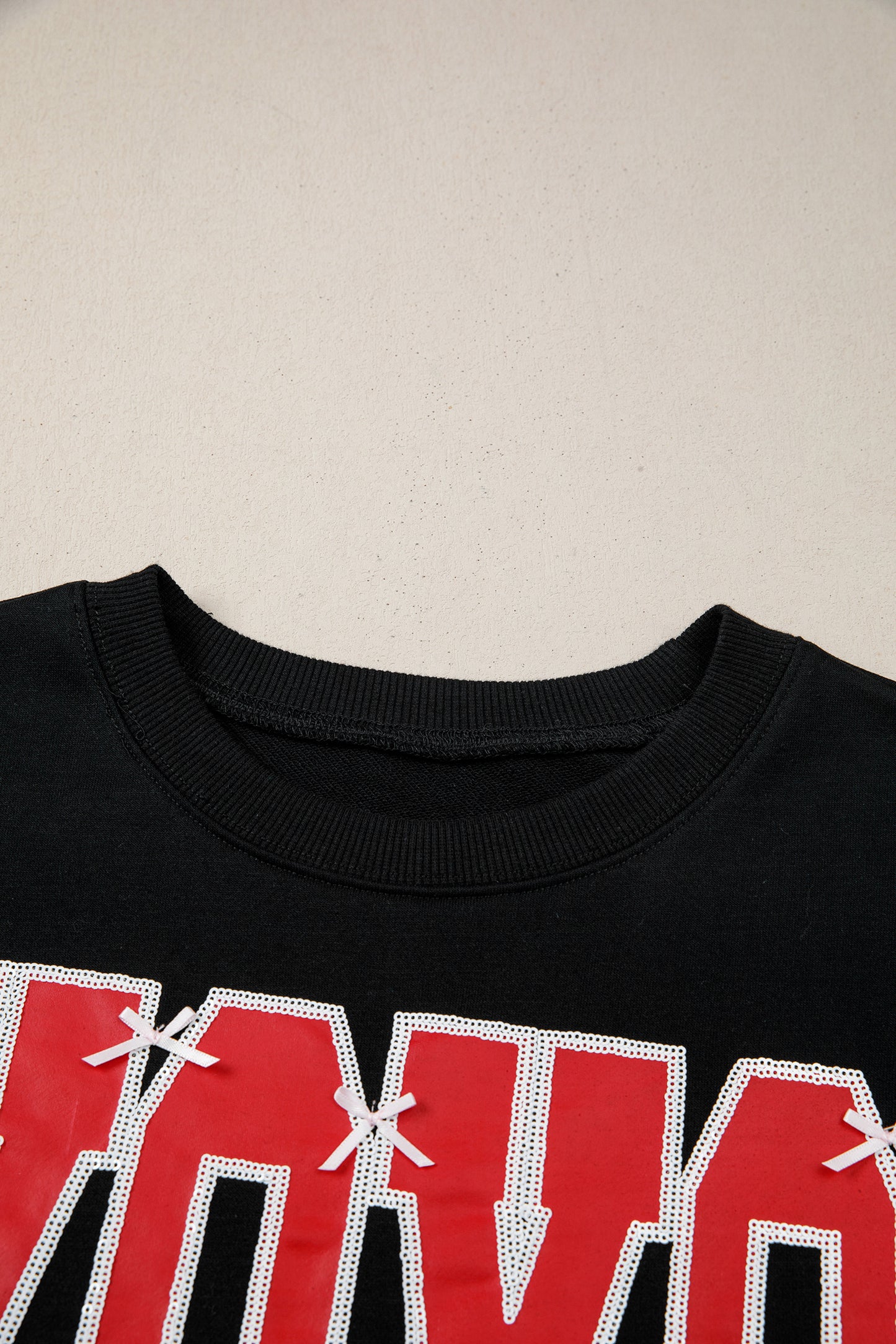 Black Bow Sequin XOXO Letter Graphic Exposed Seam Baggy Sweatshirt-Tops/Sweatshirts & Hoodies-[Adult]-[Female]-2022 Online Blue Zone Planet