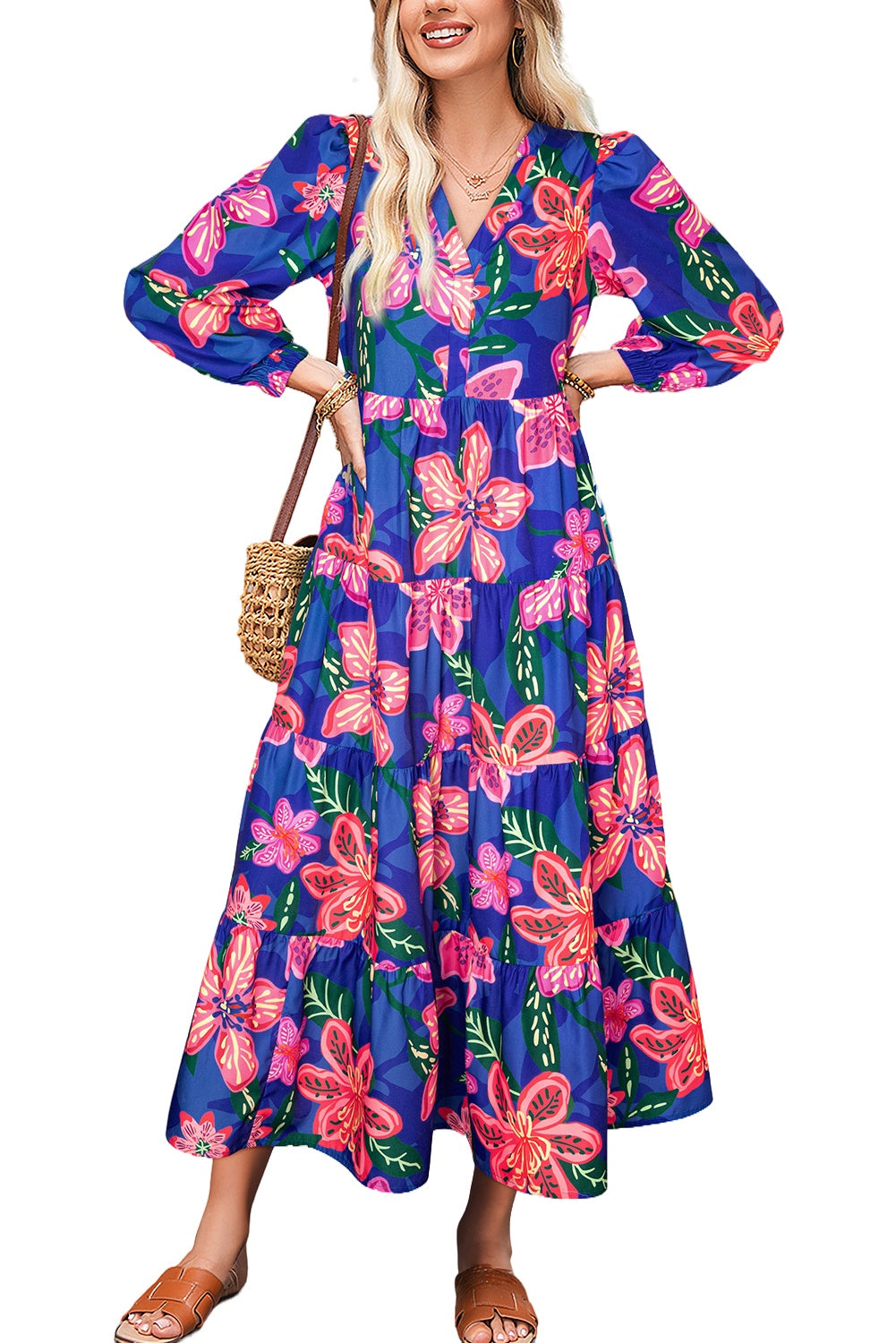 Blue Bohemian Floral Print Three Quarter Sleeve Tiered Maxi Dress-Maxi Dresses-[Adult]-[Female]-2022 Online Blue Zone Planet