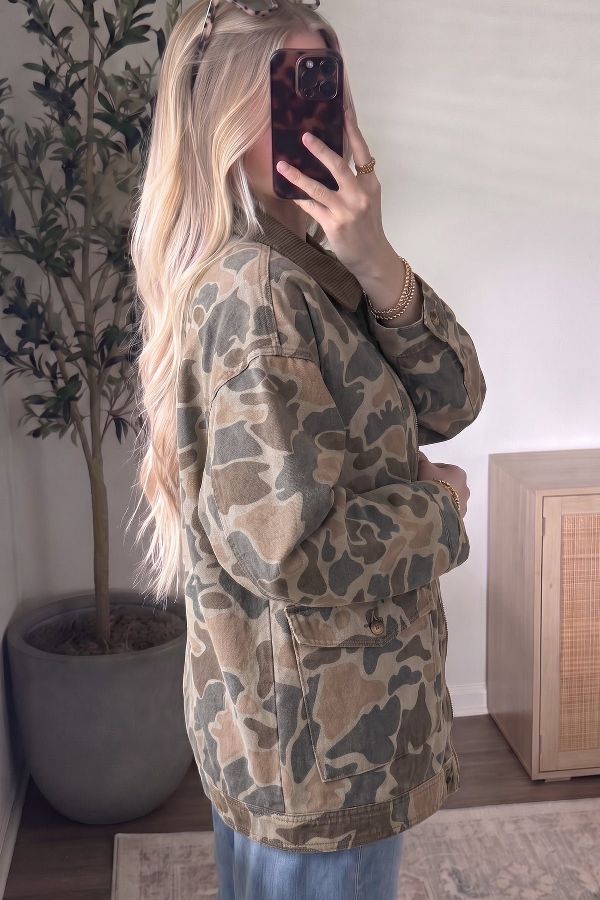 Multicolour Retro Camouflage Print Corduroy Contrast Collar Zip Denim Jacket-Outerwear/Denim jackets-[Adult]-[Female]-2022 Online Blue Zone Planet