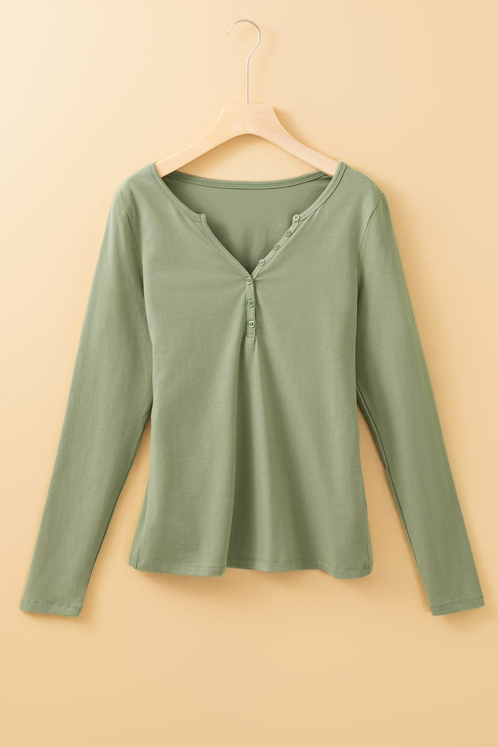 Laurel Green Long Sleeve Buttons V Neck Slim Fit Top-Tops/Long Sleeve Tops-[Adult]-[Female]-2022 Online Blue Zone Planet