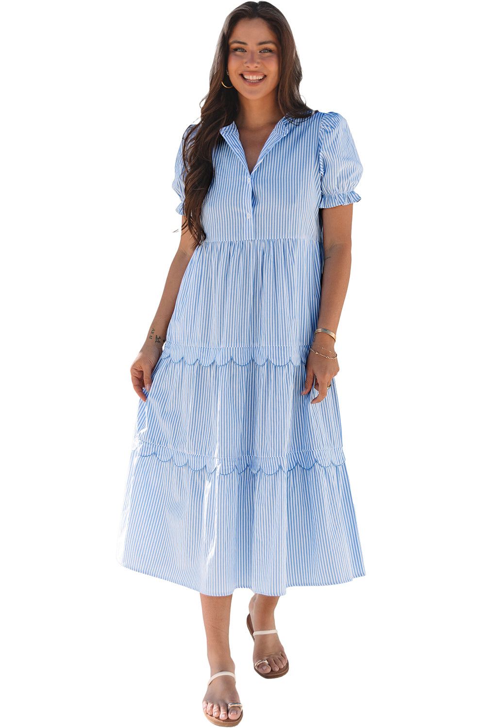 Sky Blue Stripe Bubble Short Sleeve Tiered Scallop Long Dress-TOPS / DRESSES-[Adult]-[Female]-2022 Online Blue Zone Planet