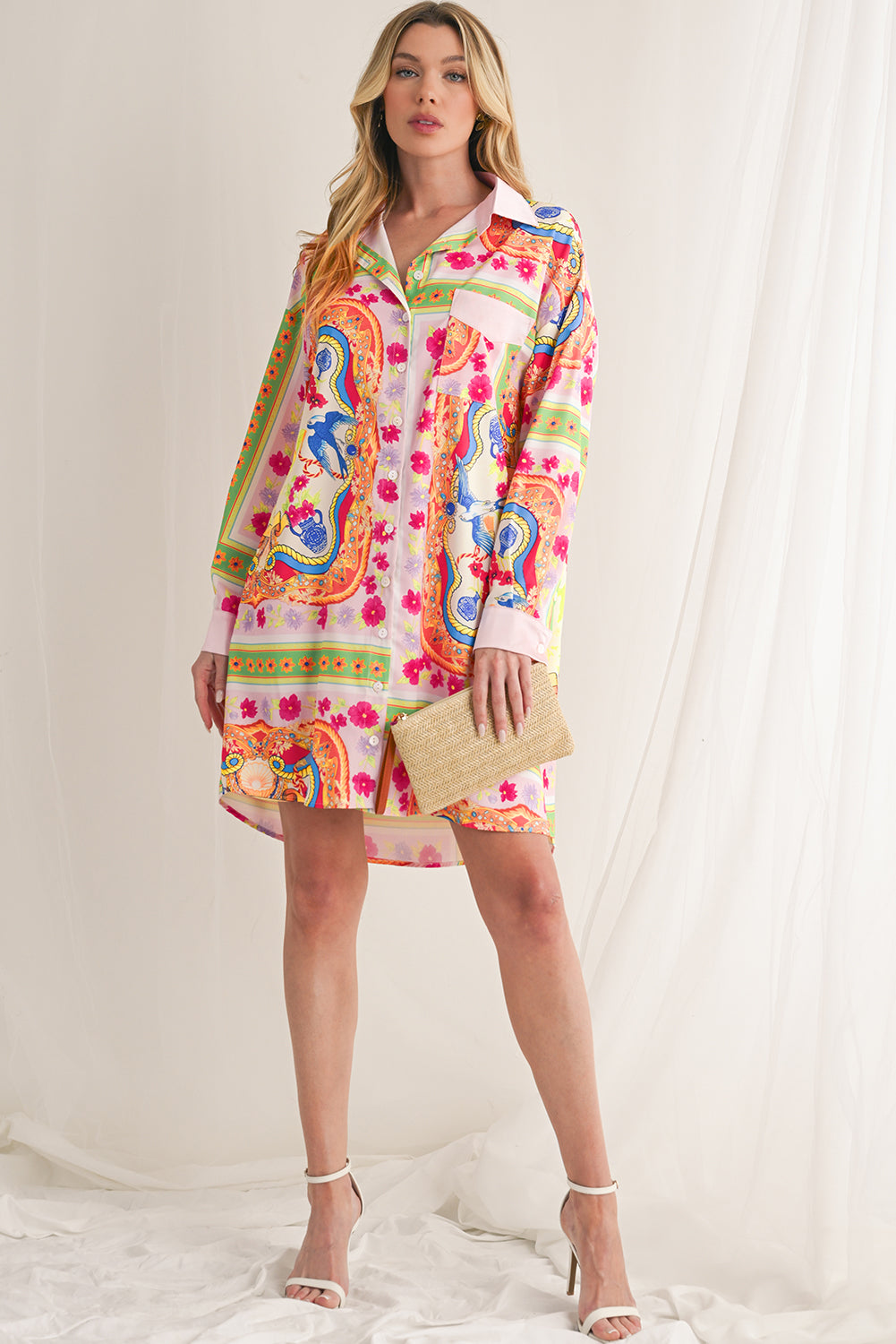 Multicolour Abstract Print Button Long Sleeve Shirt Dress-Short Dresses-[Adult]-[Female]-2022 Online Blue Zone Planet