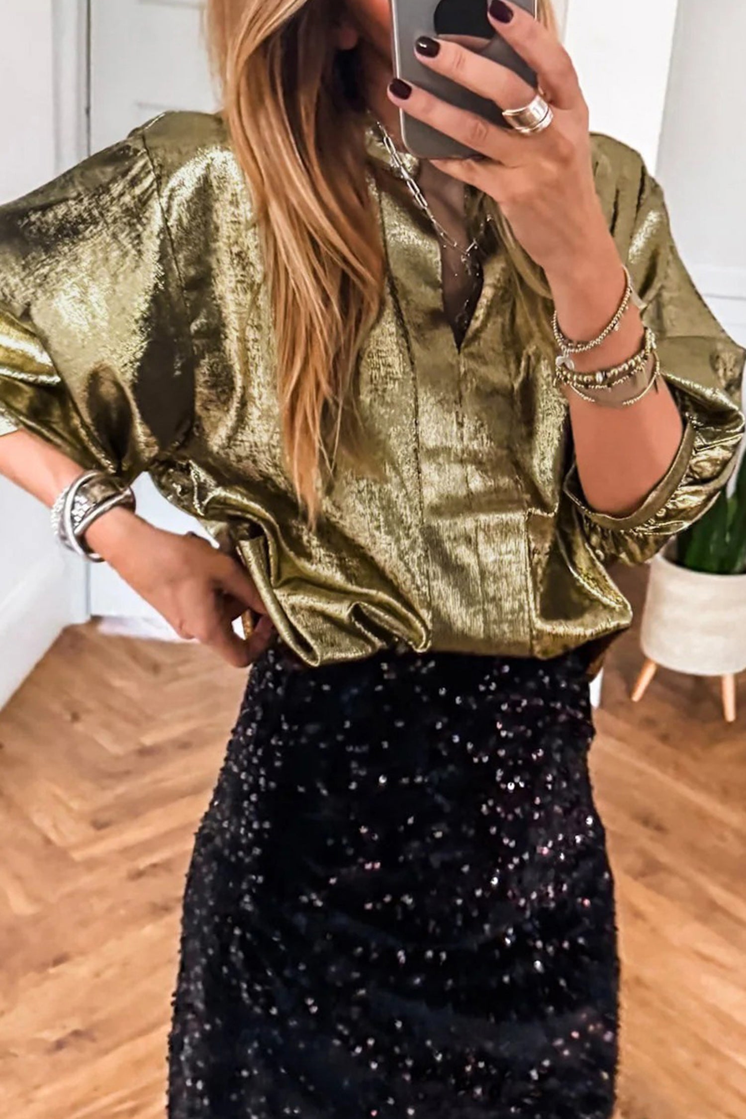 Gold Metallic Split Neck Half Sleeve Blouse-Tops/Blouses & Shirts-[Adult]-[Female]-Gold-S-2022 Online Blue Zone Planet