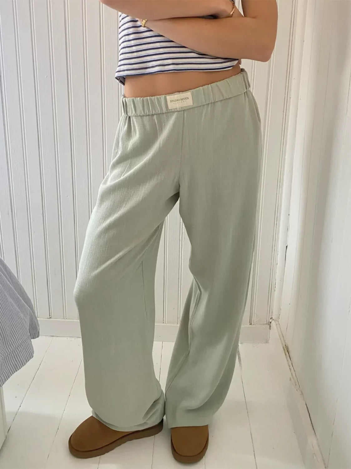 Elastic Waist Wide Leg Pants-[Adult]-[Female]-Sage-S-2022 Online Blue Zone Planet