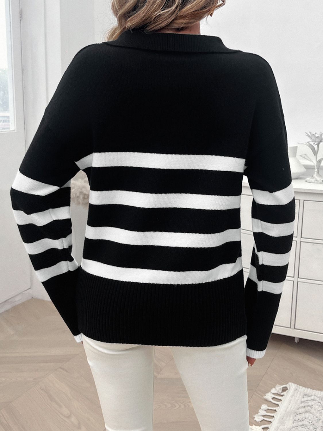 Striped Collared Neck Long Sleeve Sweater-TOPS / DRESSES-[Adult]-[Female]-2022 Online Blue Zone Planet