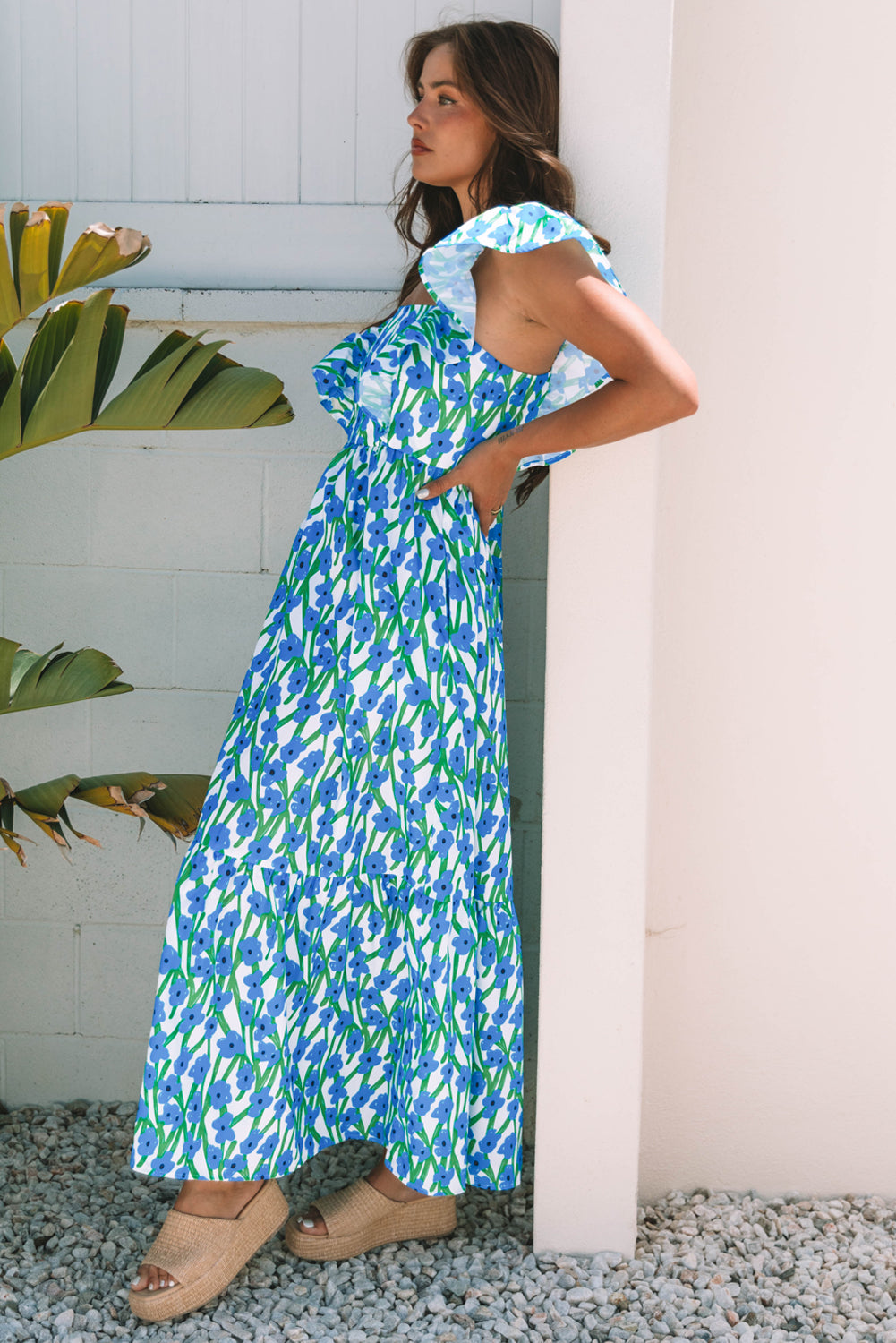 Blue Floral Print Square Neck Ruffled Strap Maxi Dress-TOPS / DRESSES-[Adult]-[Female]-2022 Online Blue Zone Planet