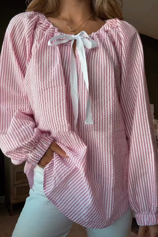 Pink Stripe Bow Tie Front Round Neck Long Sleeve Top-Long Sleeve Tops-[Adult]-[Female]-Pink Stripe-S-2022 Online Blue Zone Planet