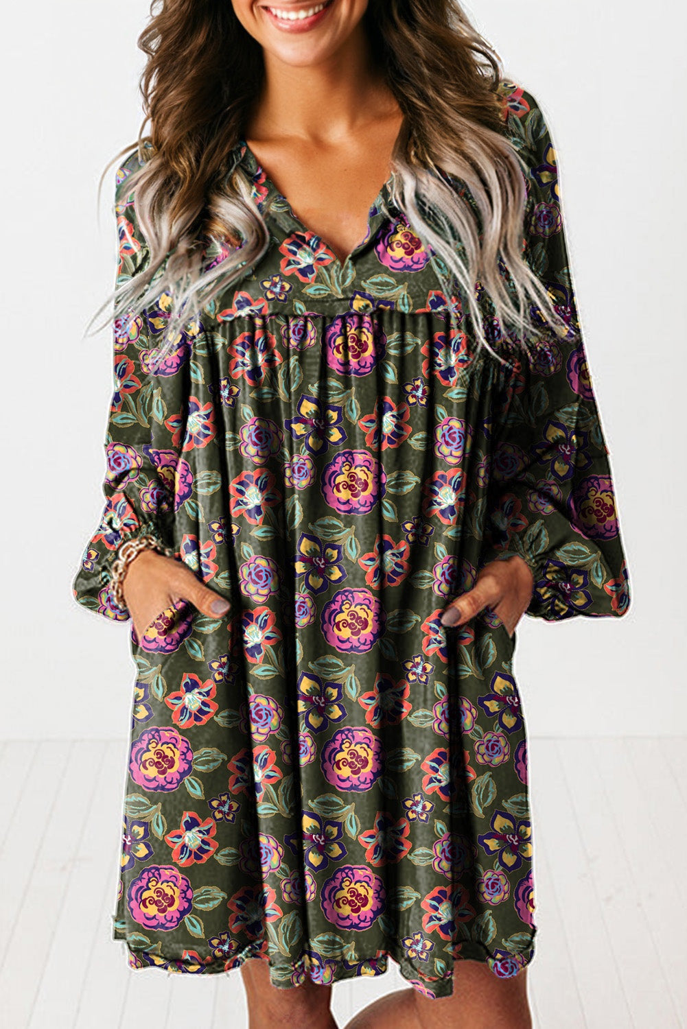 Green Floral Print Split Neck Bubble Sleeve Shift Mini Dress-TOPS / DRESSES-[Adult]-[Female]-2022 Online Blue Zone Planet