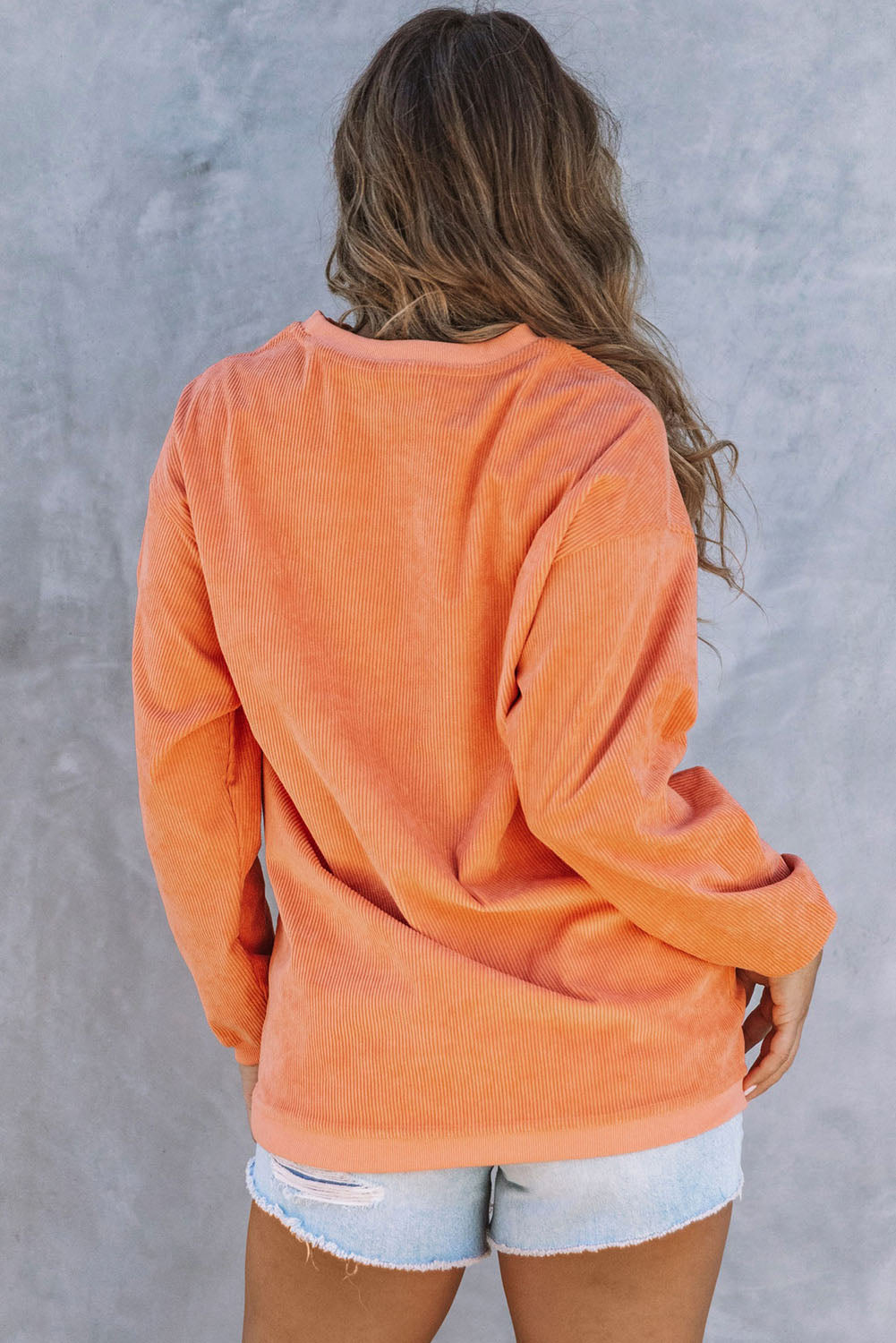 Orange Sequin Pumpkin Patched Twisted Rib Baggy Sweatshirt-Graphic/Graphic Sweatshirts-[Adult]-[Female]-2022 Online Blue Zone Planet