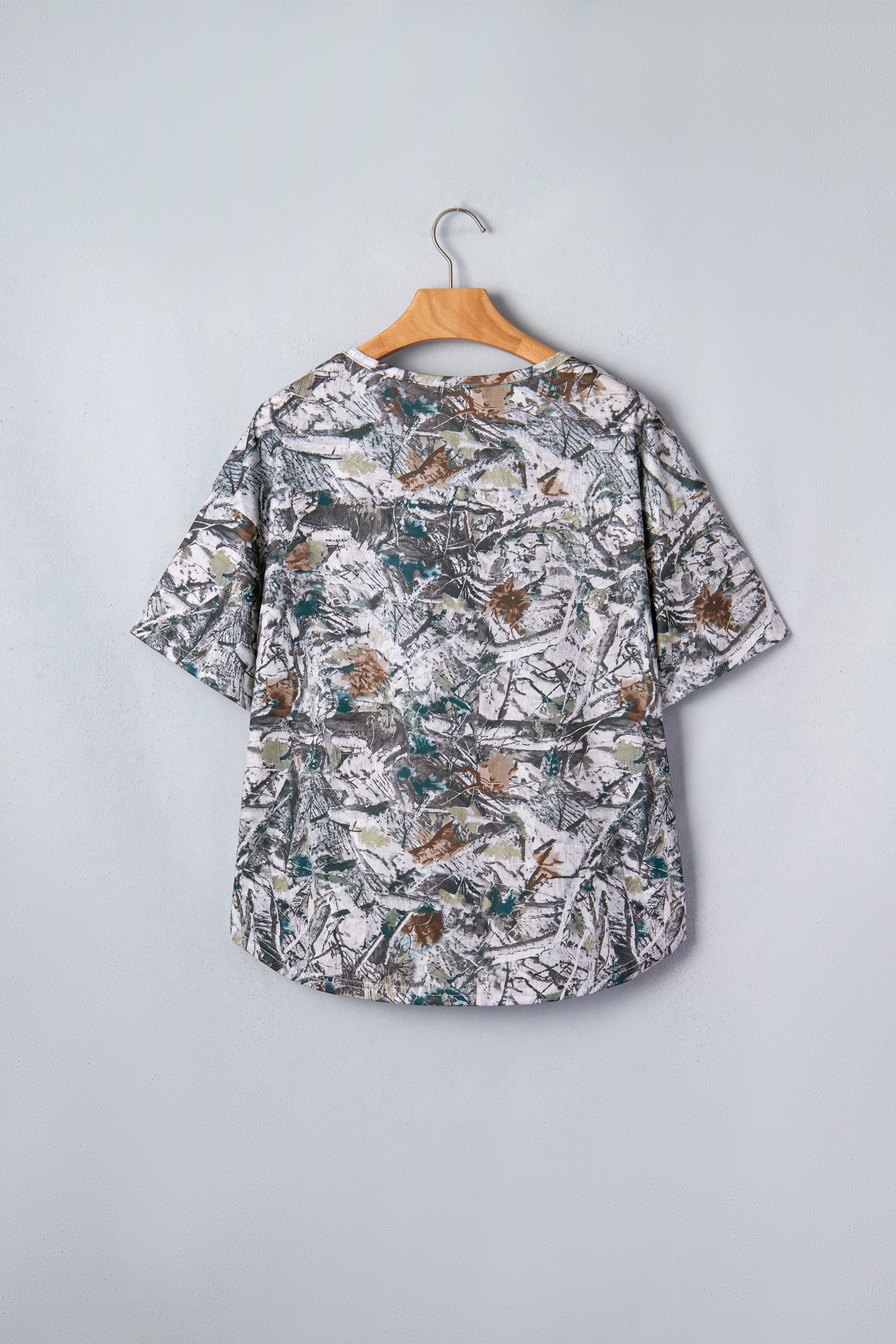 Gray Abstract Woodland Print Tunic Henley T Shirt-Tops/Tops & Tees-[Adult]-[Female]-2022 Online Blue Zone Planet