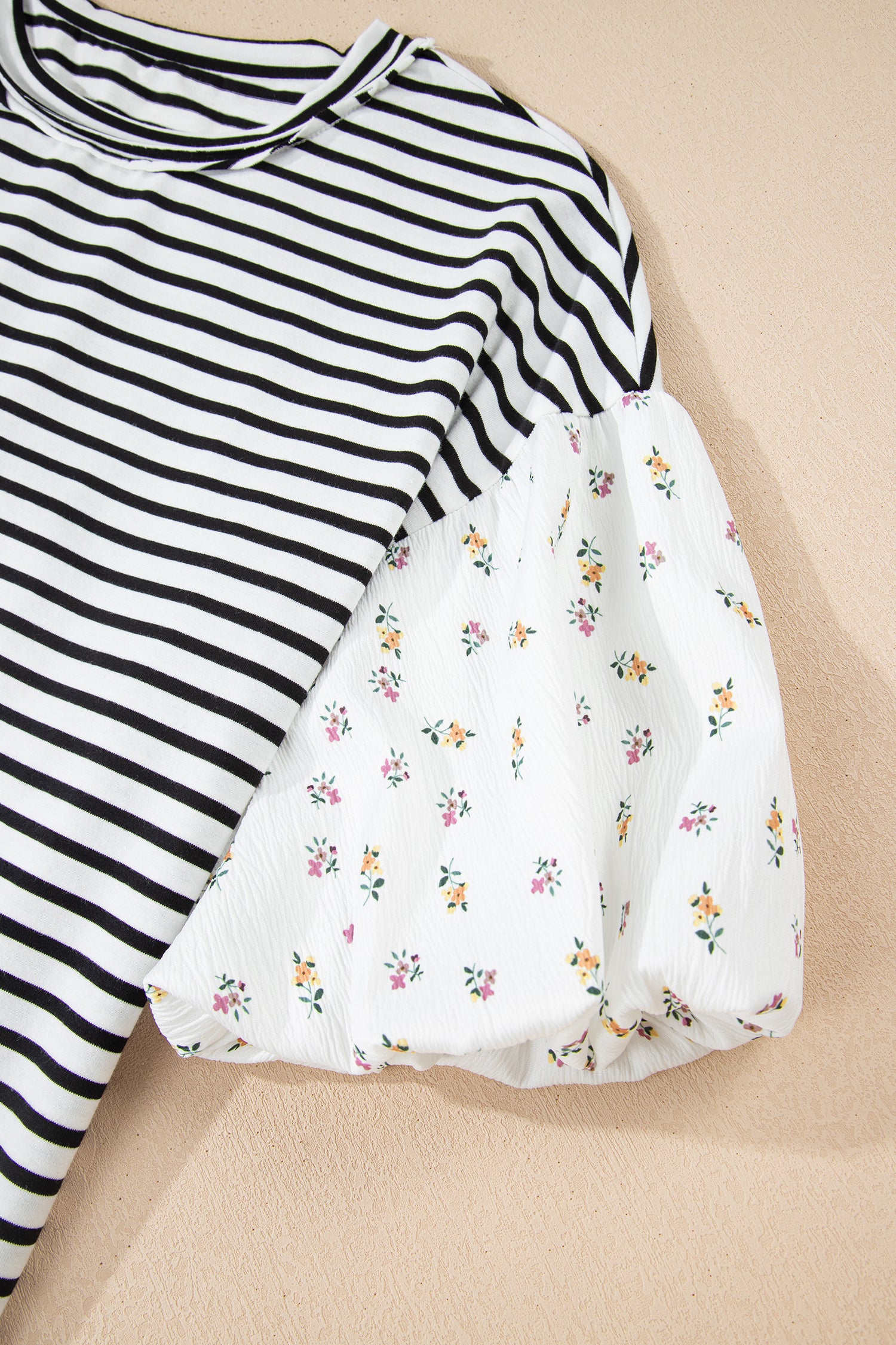Black Stripe Floral Puff Sleeve Patchwork Round Neck Loose Top-Tops/Blouses & Shirts-[Adult]-[Female]-2022 Online Blue Zone Planet
