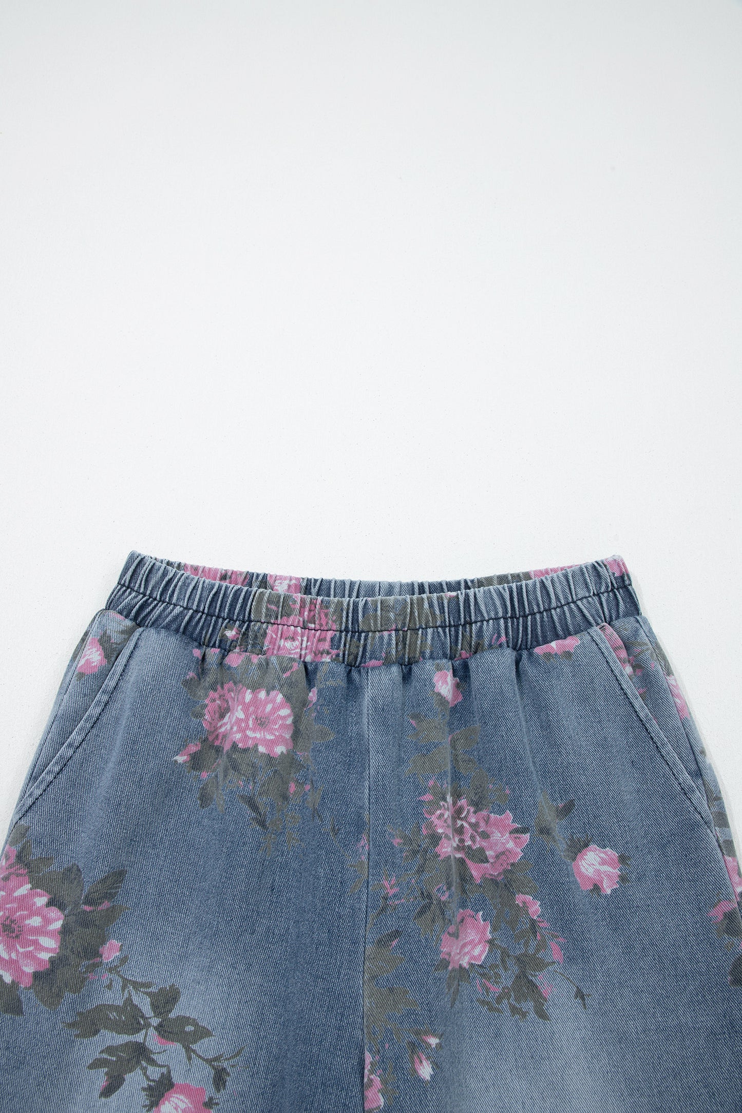 Beau Blue Floral Print Elastic Waist Pull On Casual Jeans-Bottoms/Jeans-[Adult]-[Female]-2022 Online Blue Zone Planet
