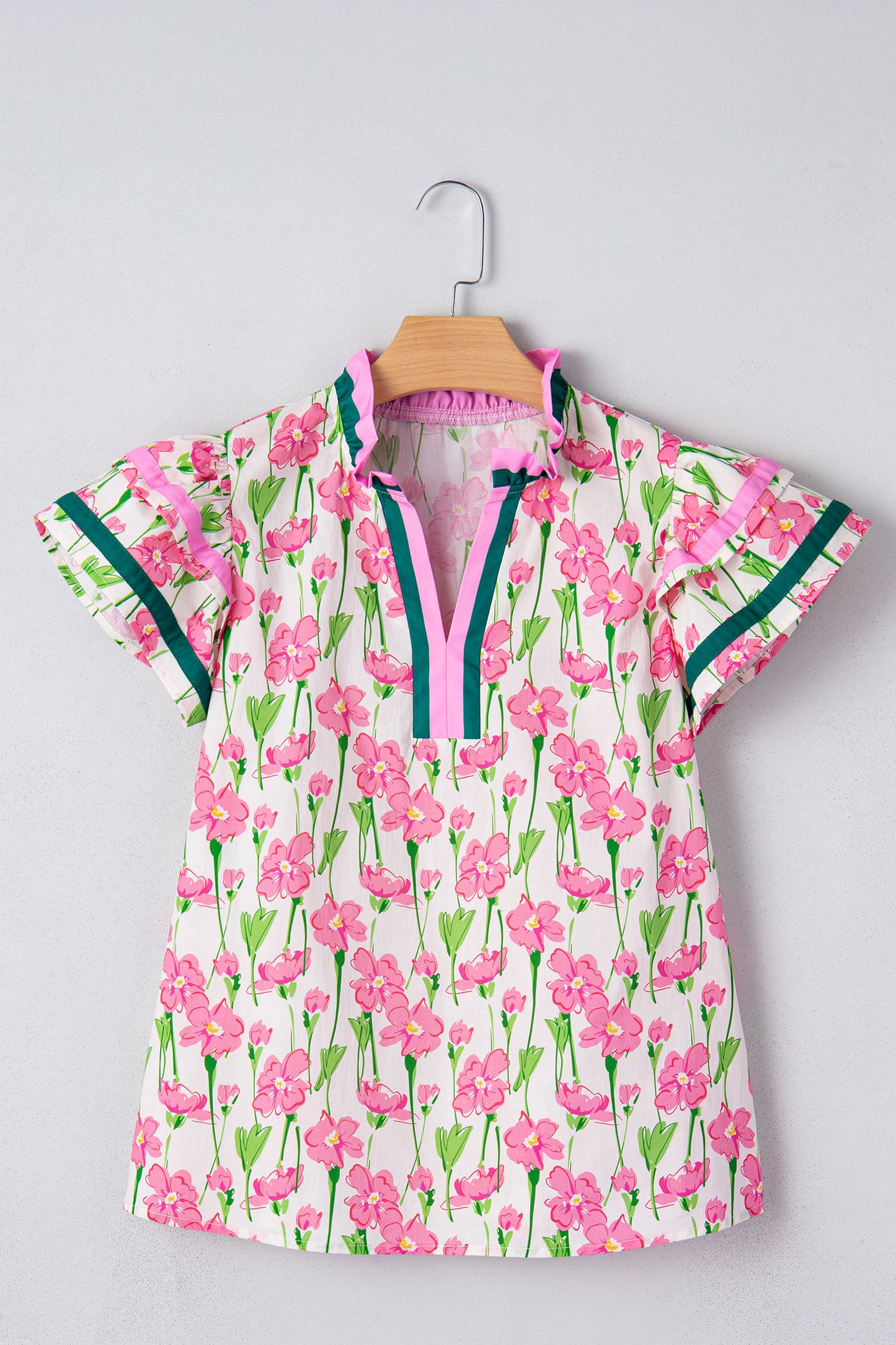 Pink Floral Print Contrast Trim V Neck Double Ruffled Short Sleeve Blouse-Tops/Blouses & Shirts-[Adult]-[Female]-2022 Online Blue Zone Planet