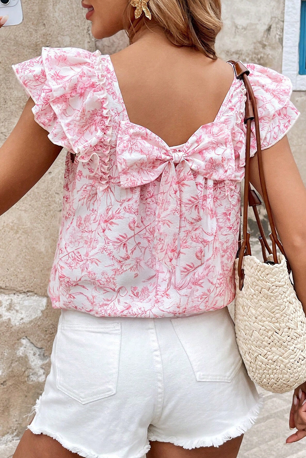 Pink Floral Ruffled Short Sleeve Bow Back Square Neck Blouse-Tops/Blouses & Shirts-[Adult]-[Female]-2022 Online Blue Zone Planet