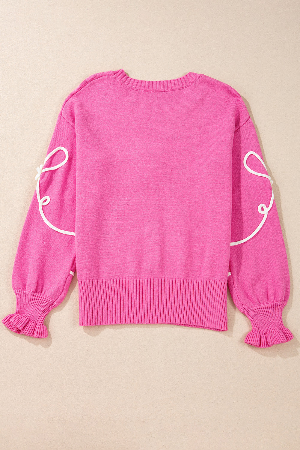 Blue Zone Planet | Bright Pink Sweet Bow Pattern Drop Sleeve Knit Sweater-Sweaters-[Adult]-[Female]-2022 Online Blue Zone Planet