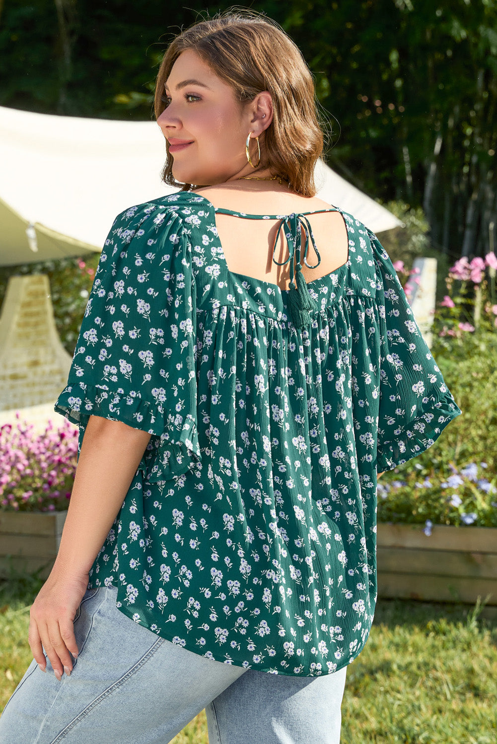 Green Floral Print Square Neck Ruffled Trim Plus Size Blouse-Plus Size/Plus Size Tops/Plus Size Blouses & Shirts-[Adult]-[Female]-2022 Online Blue Zone Planet