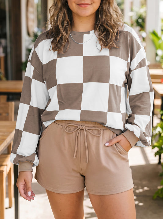 Khaki Checkered Contrast Long Sleeve Top Solid Shorts Plus Size 2pcs Set-Plus Size/Plus Size Loungewear-[Adult]-[Female]-2022 Online Blue Zone Planet
