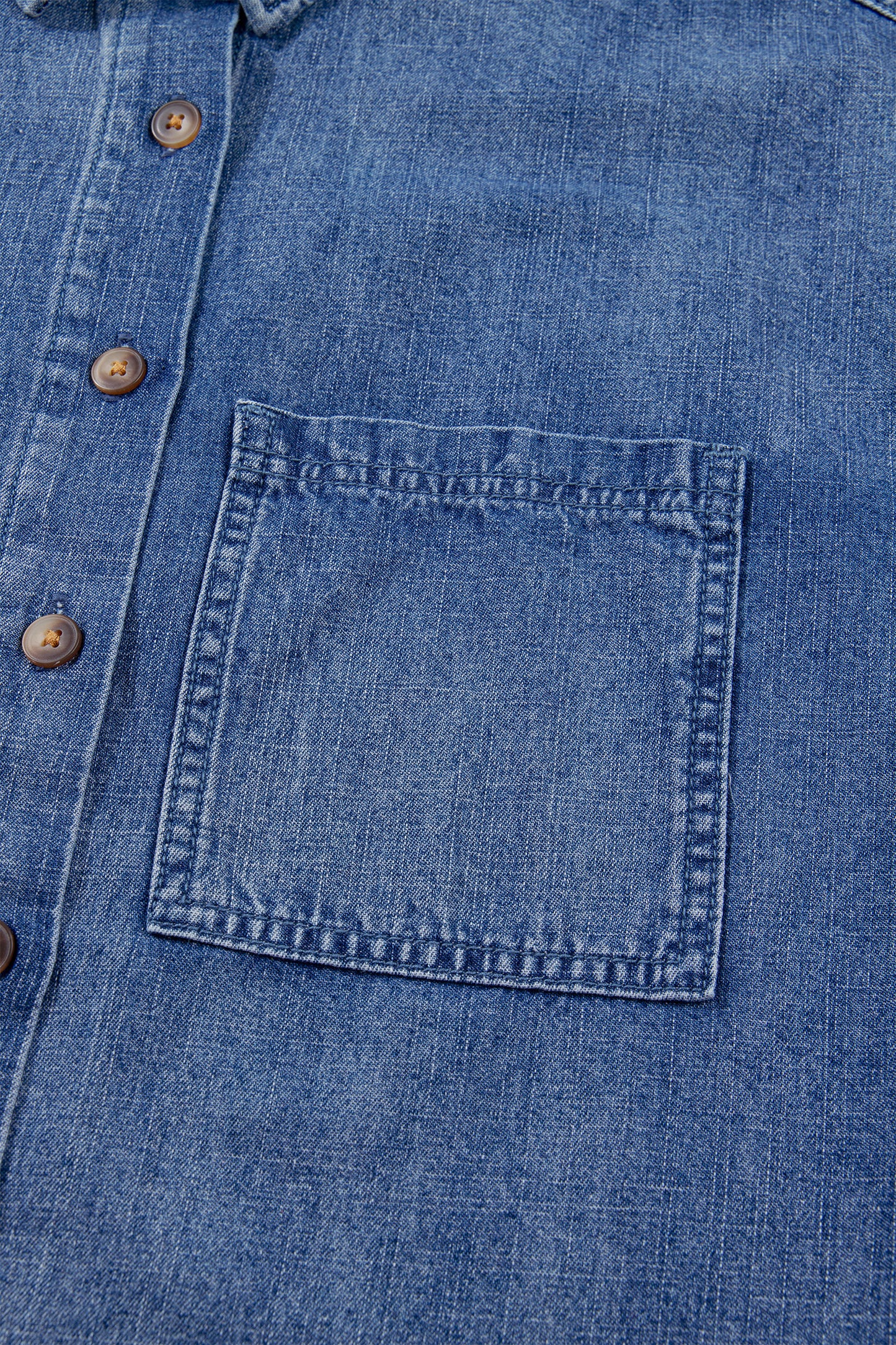Dusk Blue Three Quarter Sleeve Button Front Loose Denim Shirt-Tops/Blouses & Shirts-[Adult]-[Female]-2022 Online Blue Zone Planet