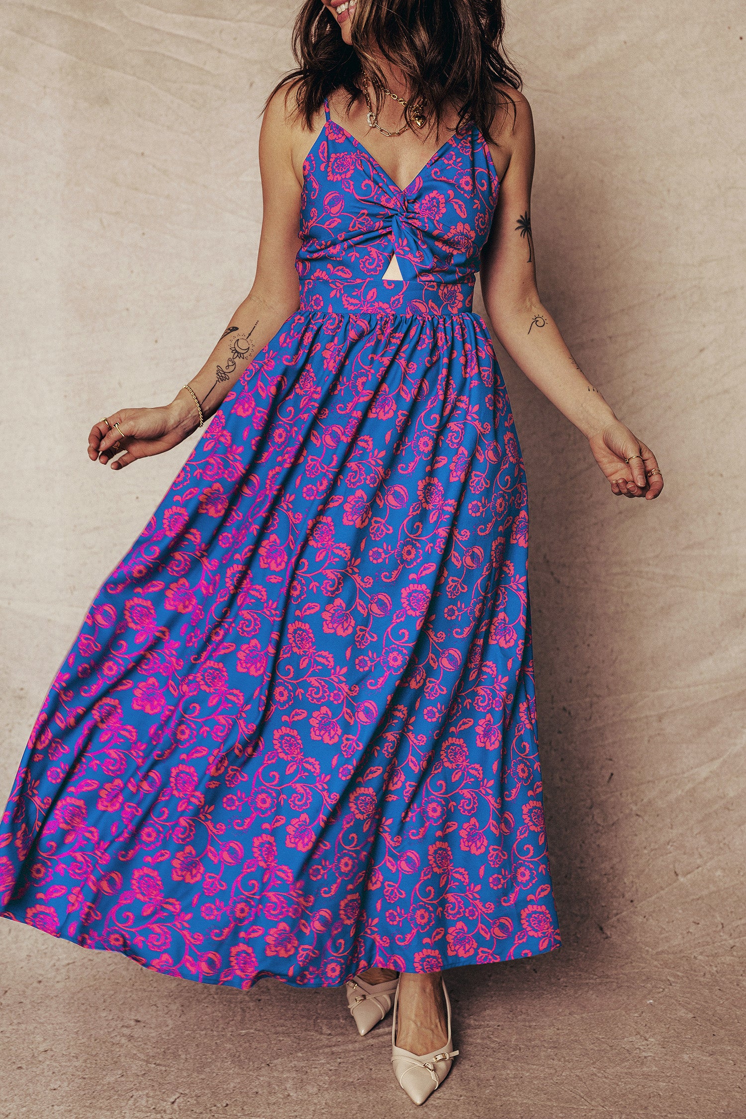 Blue Floral Print Twisted V Neck Tied Backless Maxi Dress-TOPS / DRESSES-[Adult]-[Female]-2022 Online Blue Zone Planet
