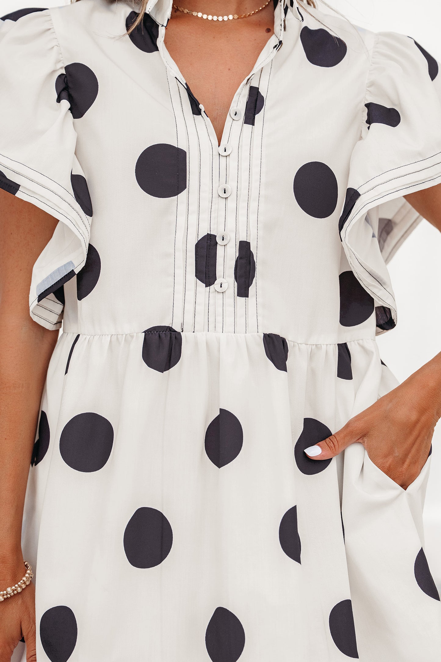 White Polka Dot Print Half Button Ruffled Short Sleeve Loose Mini Dress-Dresses/Mini Dresses-[Adult]-[Female]-2022 Online Blue Zone Planet