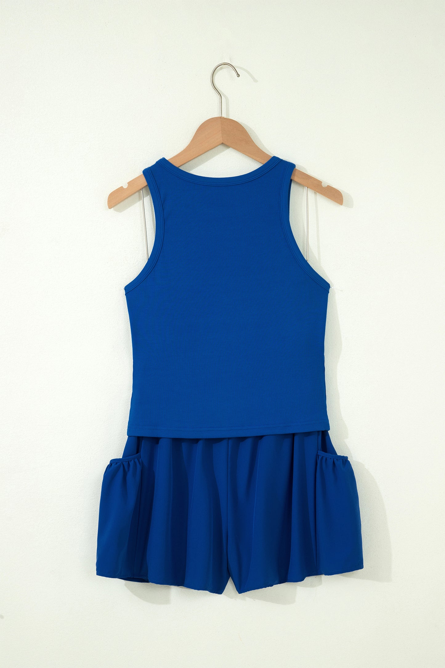 Dark Blue Ribbed Slim Tank Pocketed Wide Leg Shorts Set-Two Piece Sets/Short Sets-[Adult]-[Female]-2022 Online Blue Zone Planet