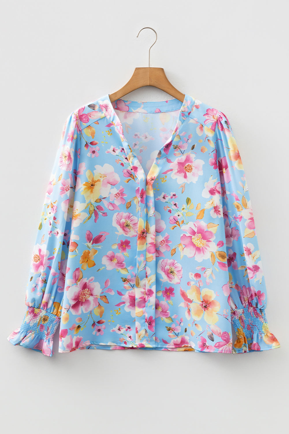 Sky Blue Floral Smocked Cuff Flounce Sleeve V Neck Blouse-Tops/Blouses & Shirts-[Adult]-[Female]-2022 Online Blue Zone Planet