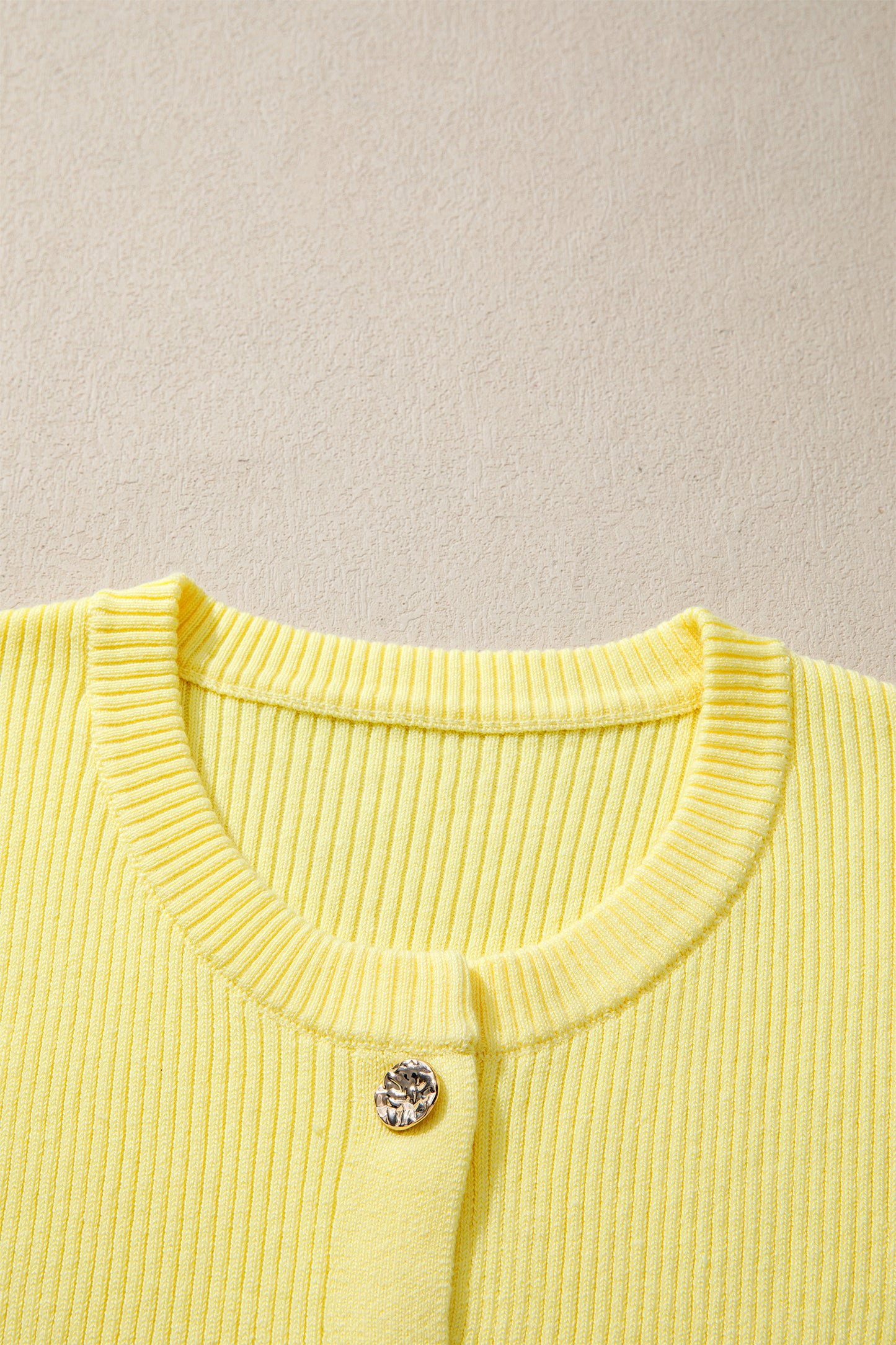 Yellow Cream Ribbed Knit Contrast Frilled Short Sleeve Sweater Cardigan-TOPS / DRESSES-[Adult]-[Female]-2022 Online Blue Zone Planet