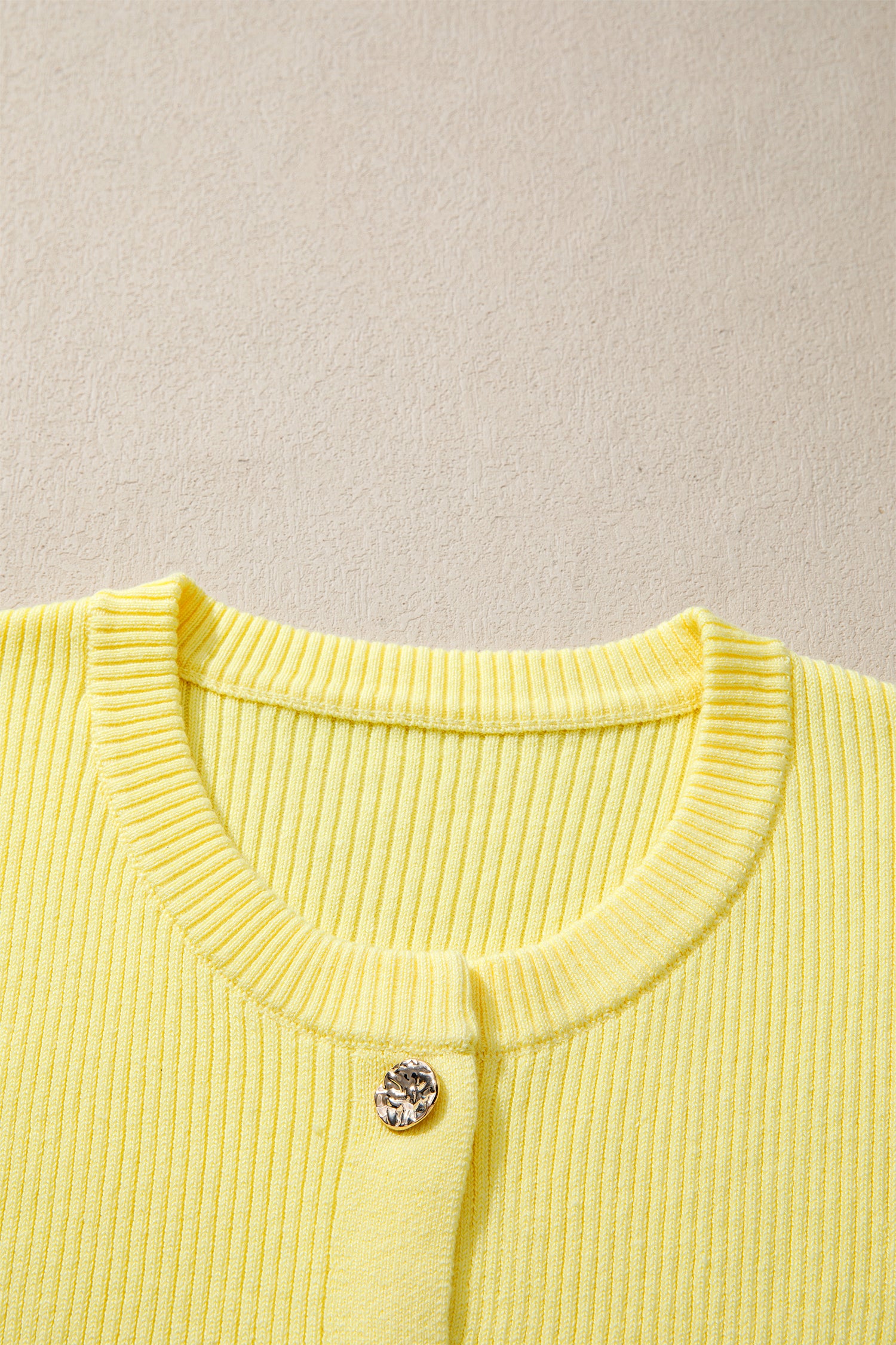 Yellow Cream Ribbed Knit Contrast Frilled Short Sleeve Sweater Cardigan-TOPS / DRESSES-[Adult]-[Female]-2022 Online Blue Zone Planet