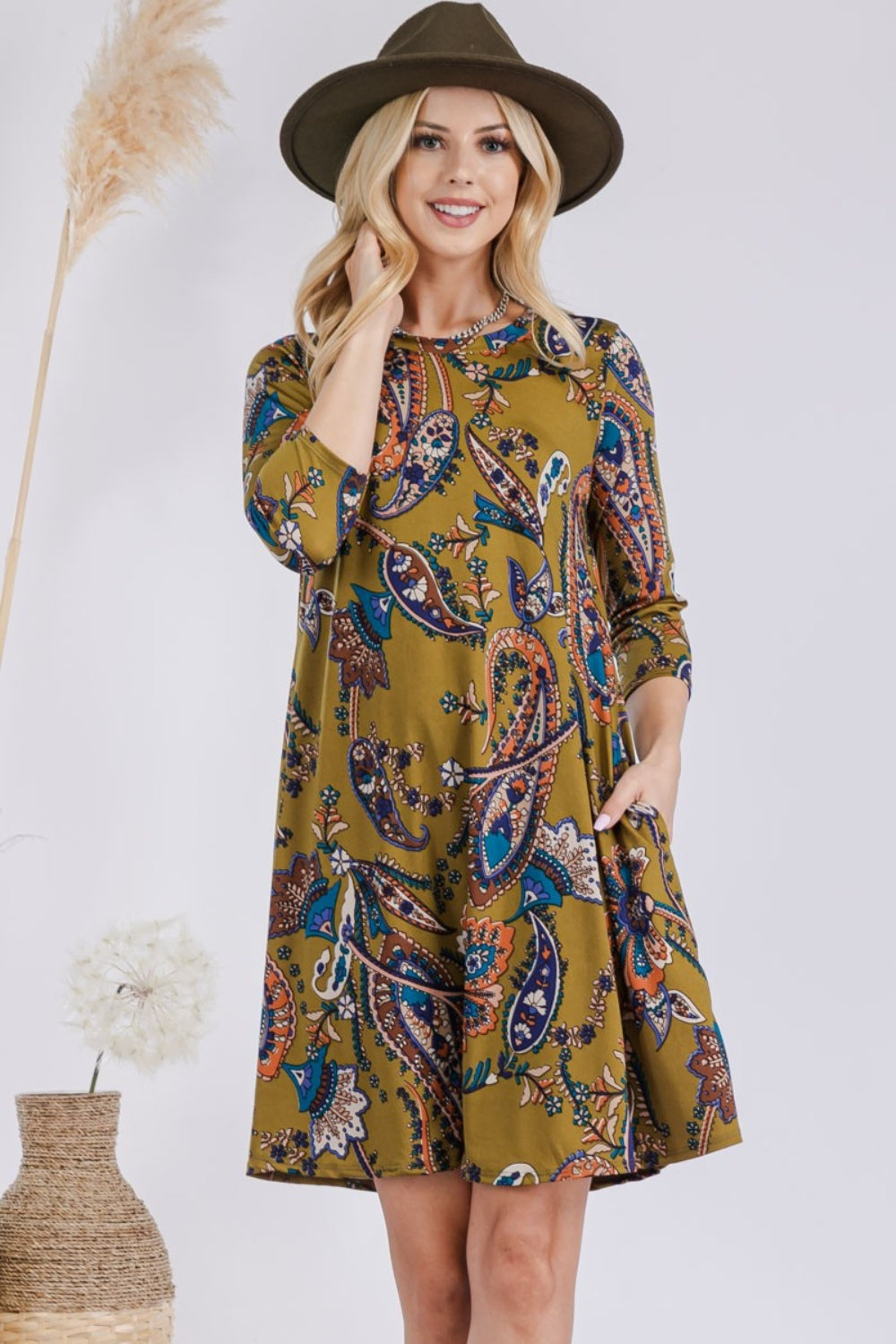 Celeste Full Size Paisley Print Round Neck Dress with Pockets-TOPS / DRESSES-[Adult]-[Female]-2022 Online Blue Zone Planet