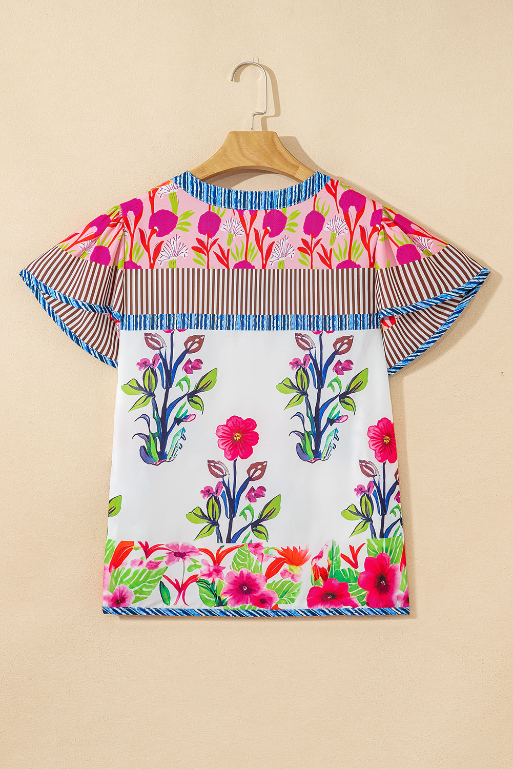 Pink Floral Striped Patchwork Short Sleeve Split Neck Blouse-Tops/Blouses & Shirts-[Adult]-[Female]-2022 Online Blue Zone Planet