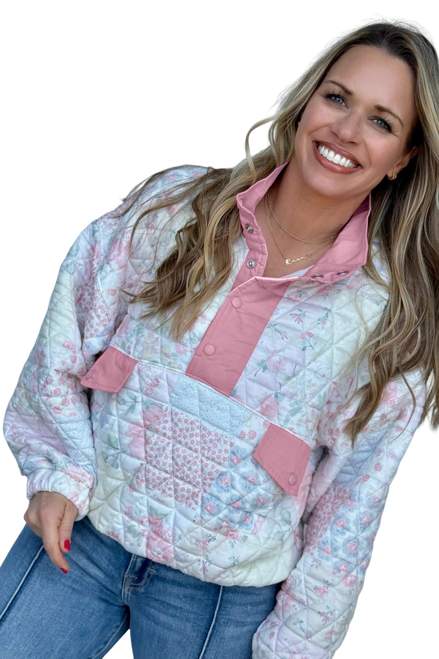 Pink Floral Quilted V-Neck Plus Size Fake Pocket Sweatshirt-Plus Size/Plus Size Sweatshirts & Hoodies-[Adult]-[Female]-2022 Online Blue Zone Planet