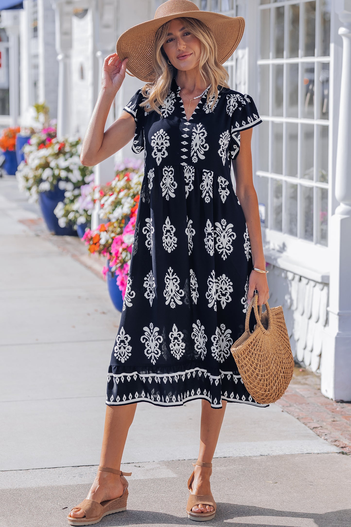 Blue Western Ethnic Print Notched Neck Short Sleeve Midi Dress-TOPS / DRESSES-[Adult]-[Female]-2022 Online Blue Zone Planet
