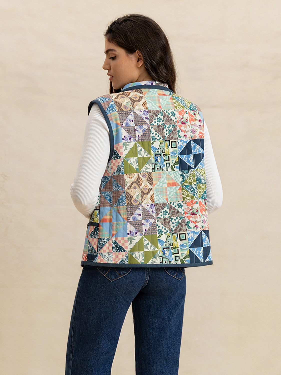 Printed Patchwork Contrast Piping Vest-TOPS / DRESSES-[Adult]-[Female]-2022 Online Blue Zone Planet