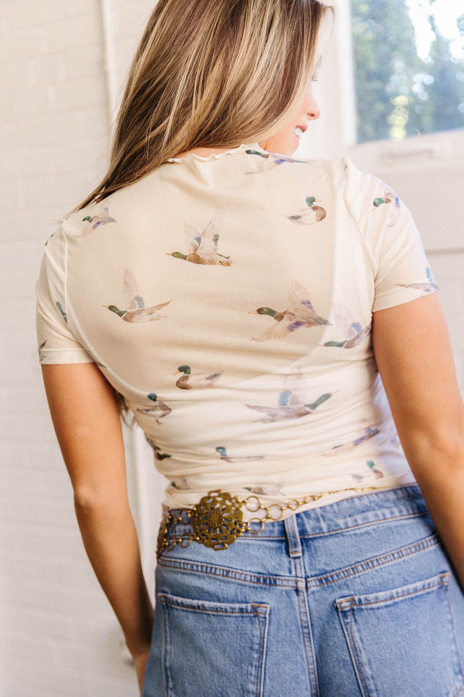 Beige Mallard Sheer Mesh Short Sleeve Top-Tops/Tops & Tees-[Adult]-[Female]-2022 Online Blue Zone Planet