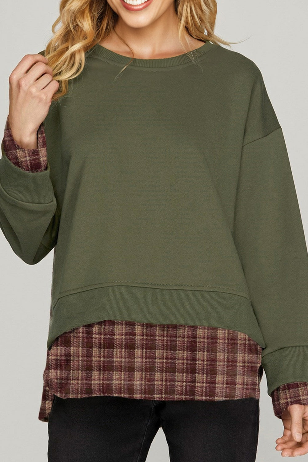 Moss Green Vintage Plaid Patchwork Drop Shoulder Sweatshirt-Tops/Sweatshirts & Hoodies-[Adult]-[Female]-2022 Online Blue Zone Planet
