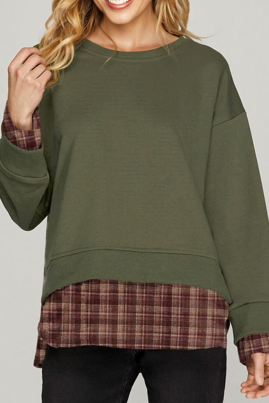Moss Green Vintage Plaid Patchwork Drop Shoulder Sweatshirt-Tops/Sweatshirts & Hoodies-[Adult]-[Female]-2022 Online Blue Zone Planet