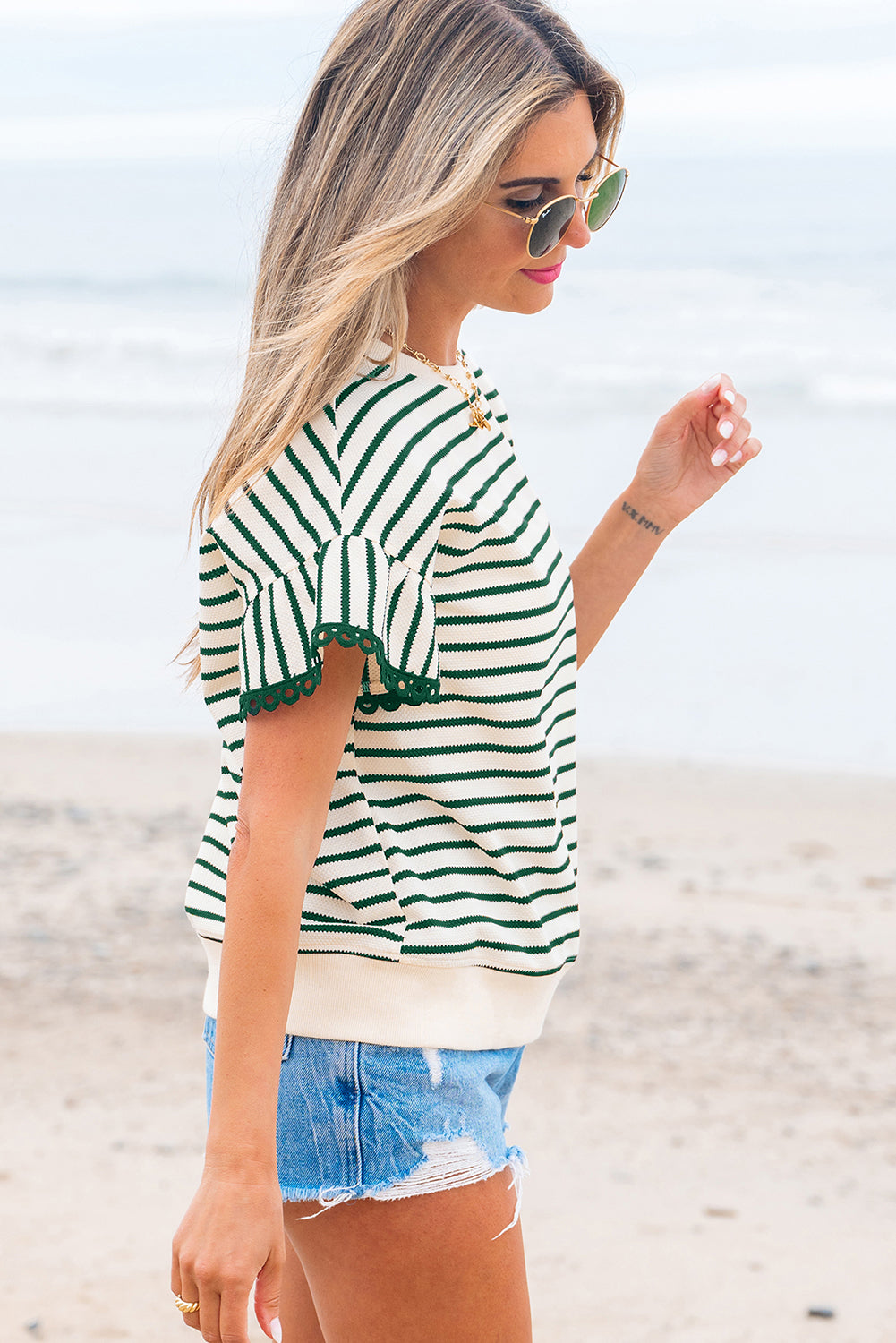 Green Stripe Scallop Lace Trim Ruffle Short Sleeves Crewneck Top-Tops/Blouses & Shirts-[Adult]-[Female]-2022 Online Blue Zone Planet