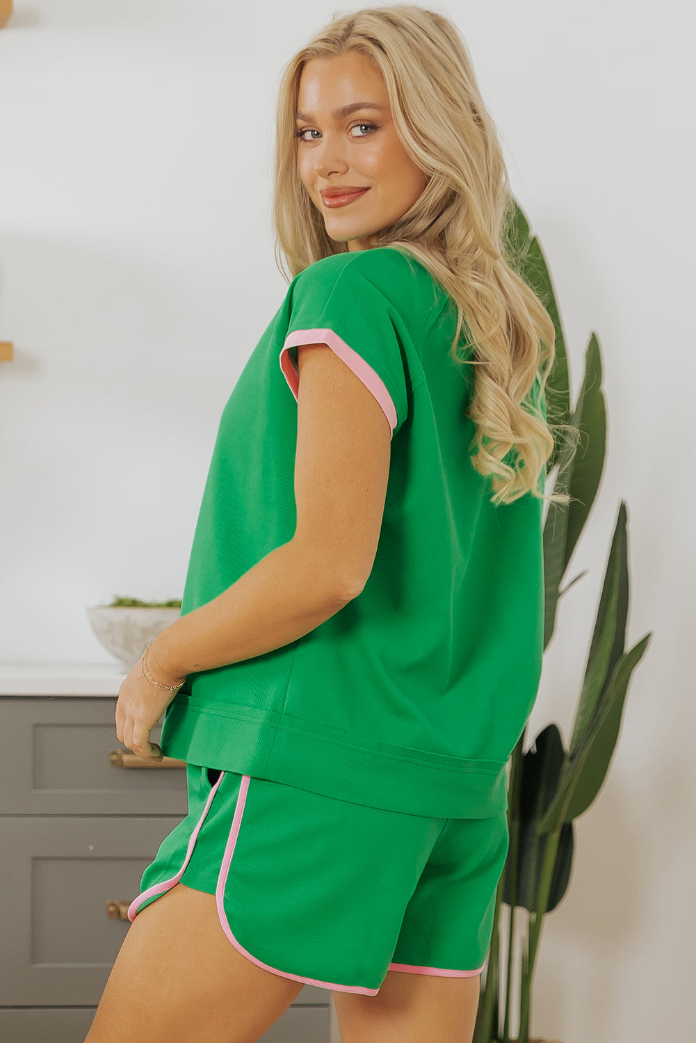 Bright Green Two Tone Contrast Textured Crewneck Tee and Shorts Set-Two Piece Sets/Short Sets-[Adult]-[Female]-2022 Online Blue Zone Planet